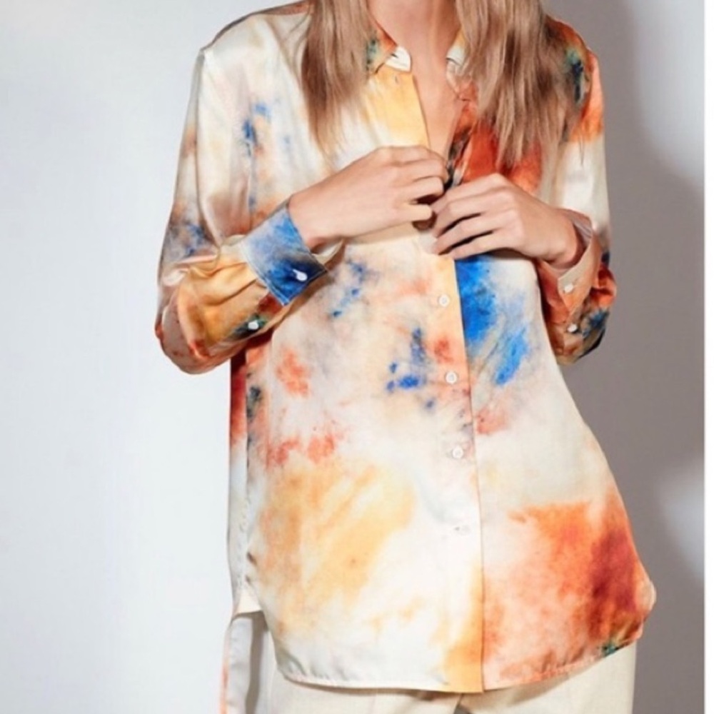 Aritzia Silk Button-Down Shirt in Cream, Orange & Blue Watercolor